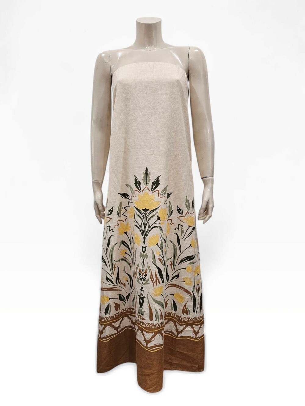 MAGASCHONI Linen Cream Floral Print Strapless Tube Maxi Dress S